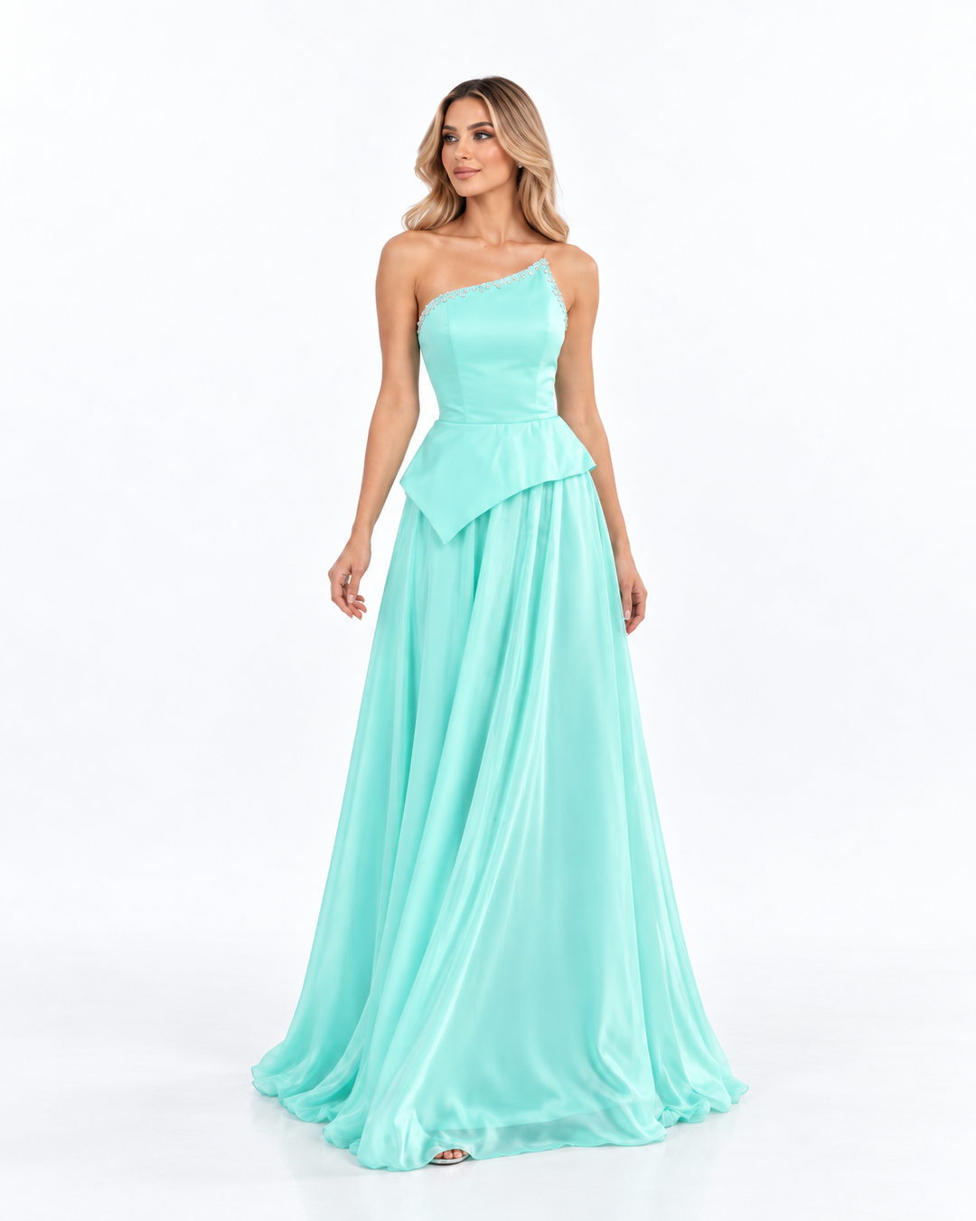 One Shoulder Draped Maxi - Aqua