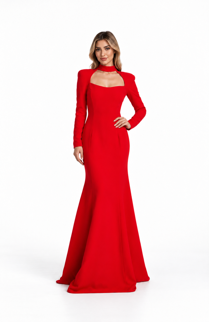 Cutout High-Neck Long Sleeve Evening Gown - Vespera