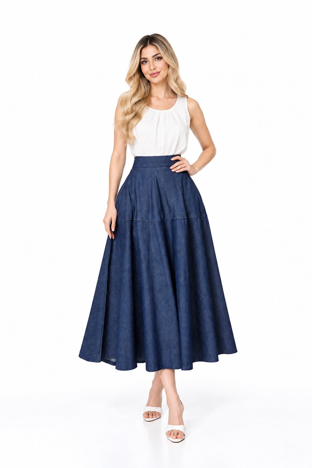 High Waist A-Line Denim Midi Skirt – Navelle