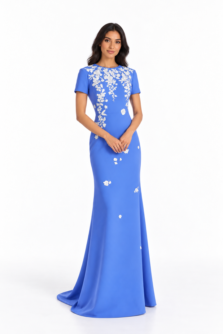 Floral Embellished Short Sleeve Column Maxi Dress – Azurielle