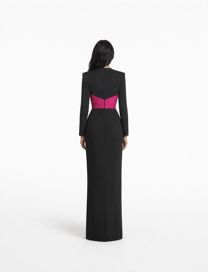 Black & Fuchsia Color-Block Long Sleeve Gown – VELORA