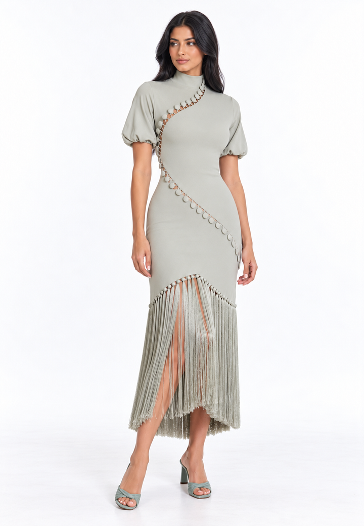 Fringe Detail High Neck Midi Dress – Elvaris
