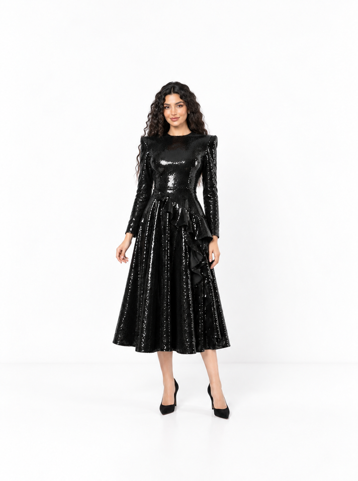 Sequin Ruffle Waist Midi Dress - Onyxia
