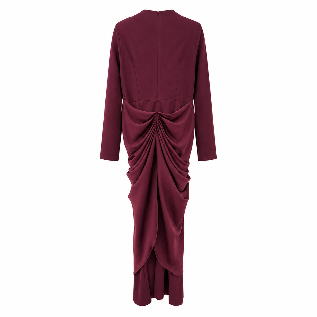 Satin Draped Long Sleeve Midi Dress - Burgundy