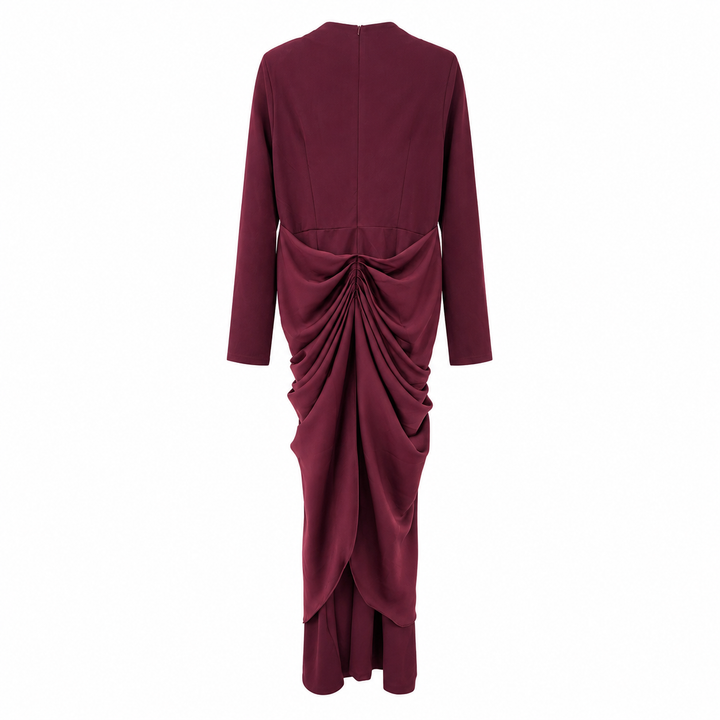 Satin Draped Long Sleeve Midi Dress - Burgundy