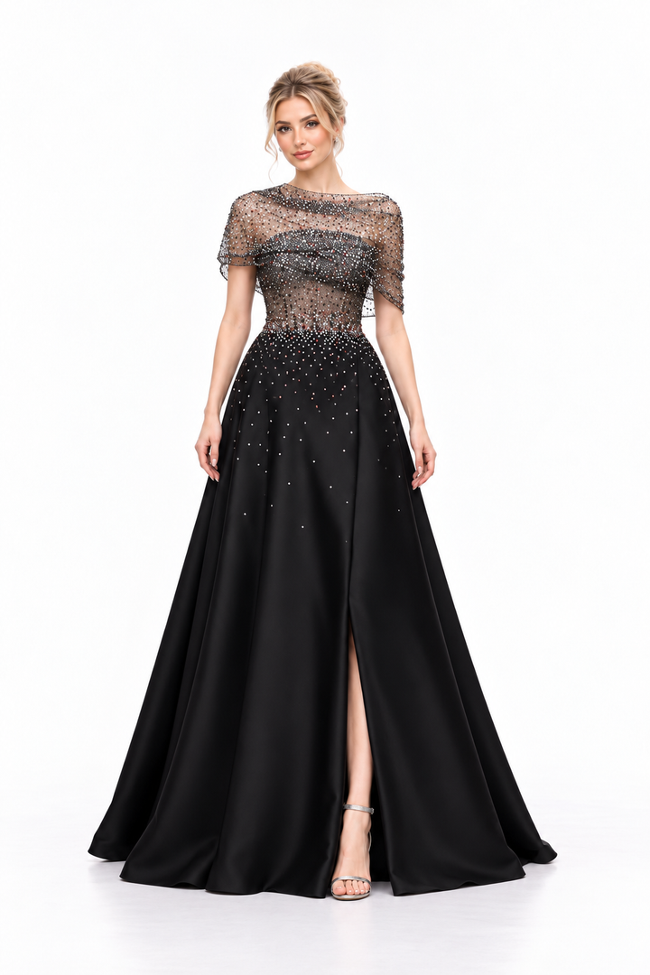 Embellished Sheer Cape Wide Leg Jumpsuit – Celestine