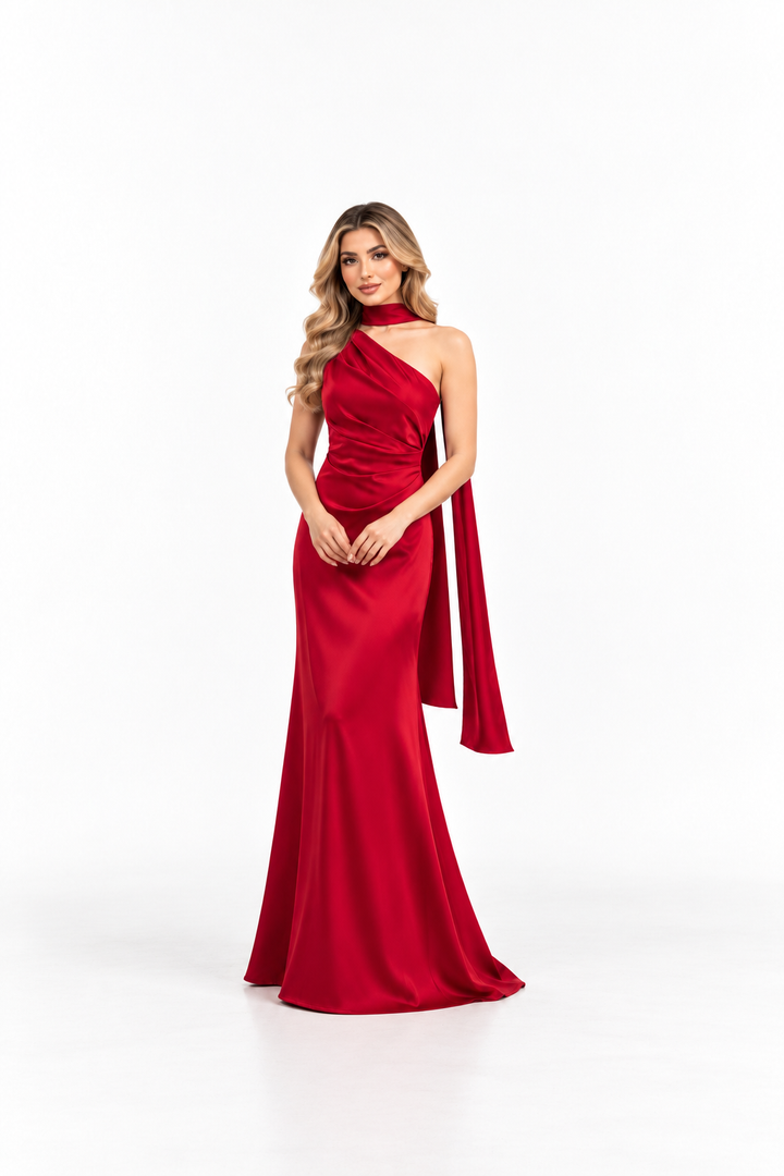 One-Shoulder Satin Gown with Draped Scarf - Valerisse