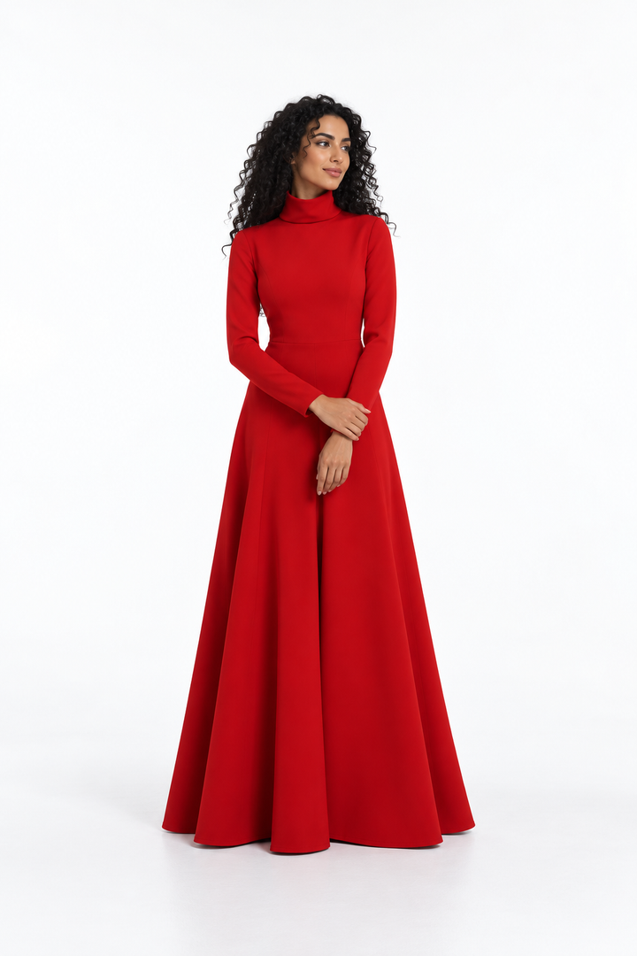 High-Neck Long Sleeve A-Line Evening Gown - Scarlet