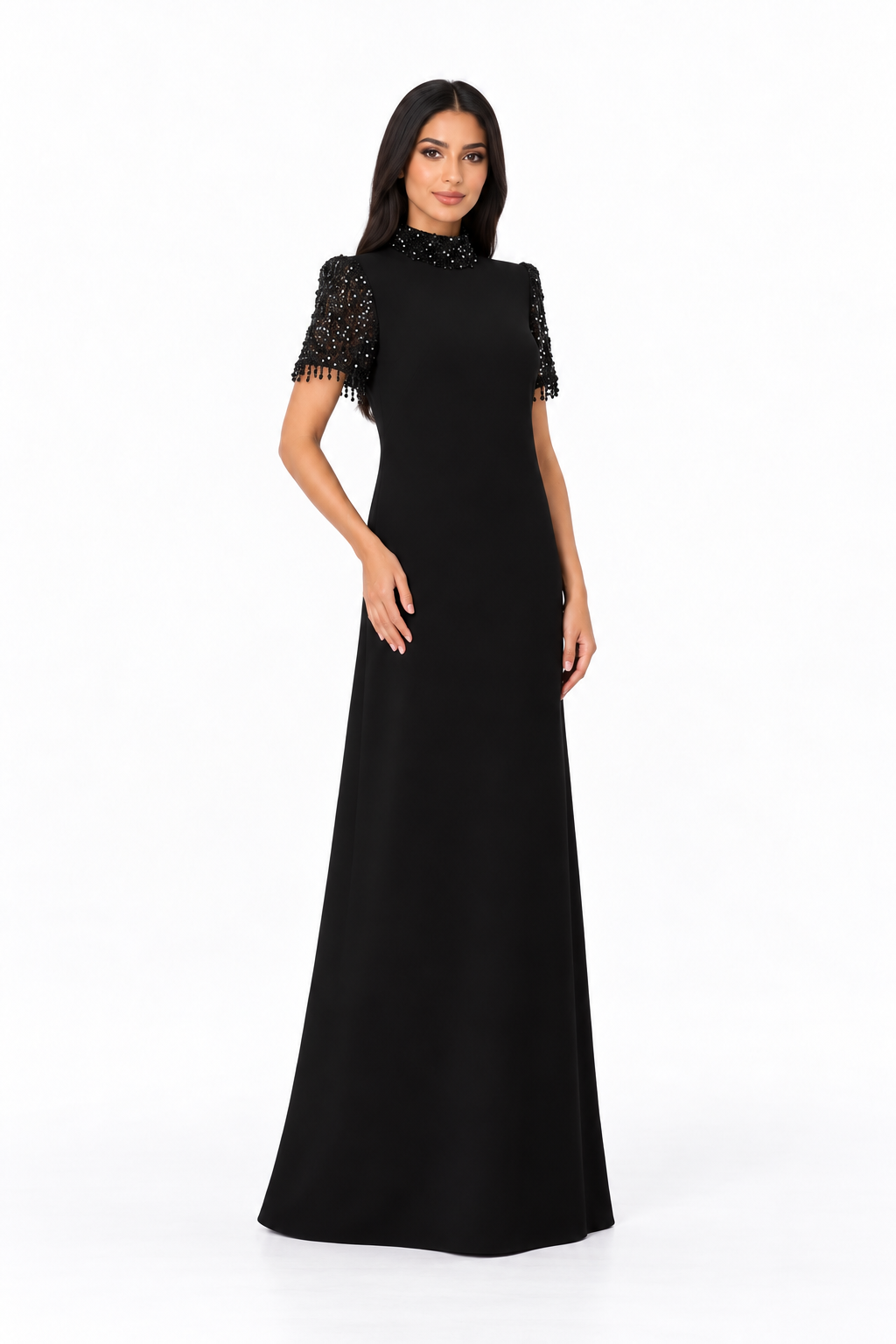 Embellished High Neck Short Sleeve Maxi Dress – Noirelle