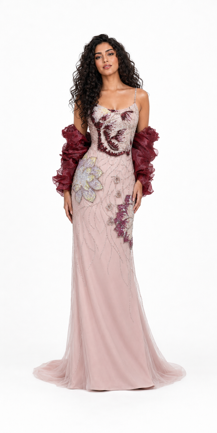 Blush Floral Embellished Ruffle Sleeve Gown – BLOSSOM