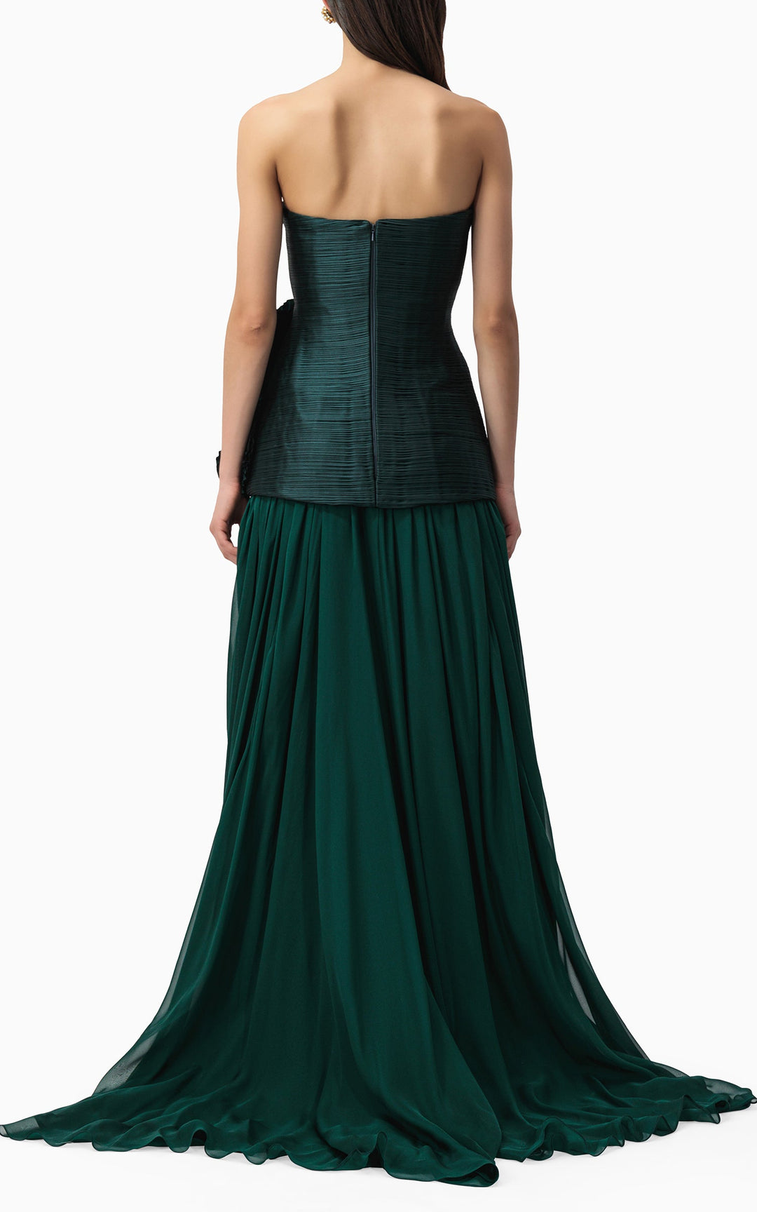strapless pleated gown with oversized floral appliqués – EMERALD