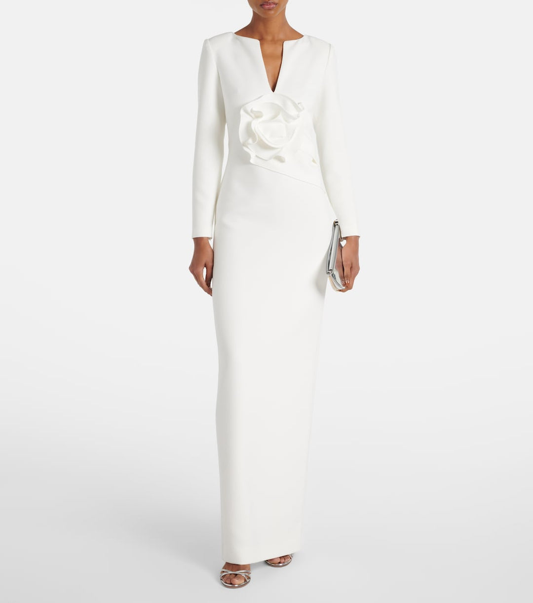 Long-sleeve column gown with sculpted floral waist detail – ROSA