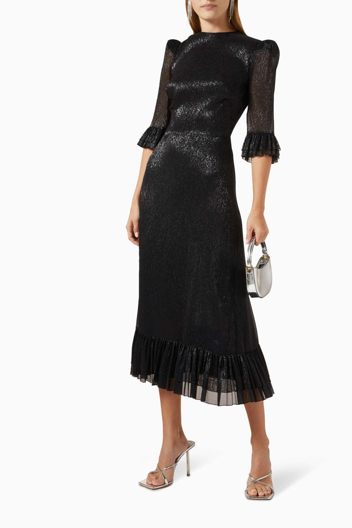 metallic midi dress with ruffled sleeves and hem – SERENA