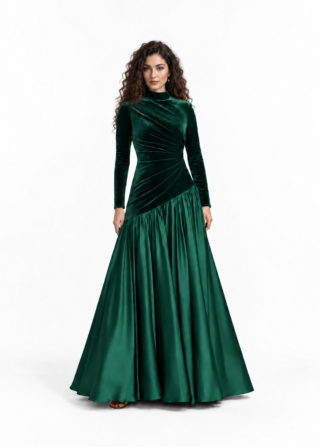 Velvet Draped Satin Maxi Dress - Emerald