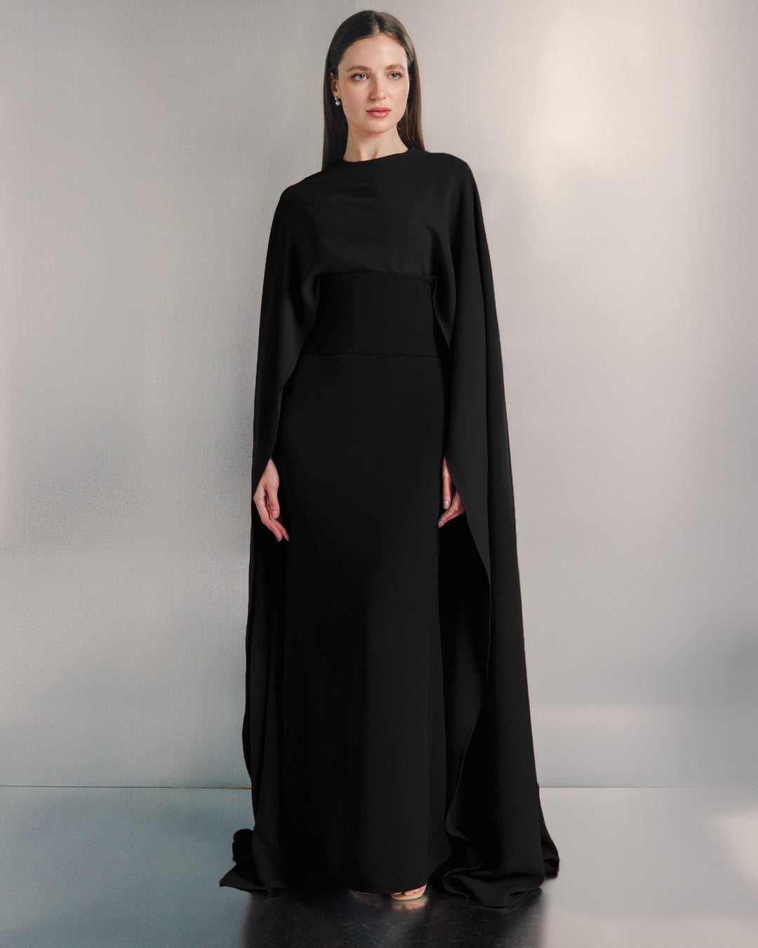 cape-sleeve column evening gown – CRIMSONA