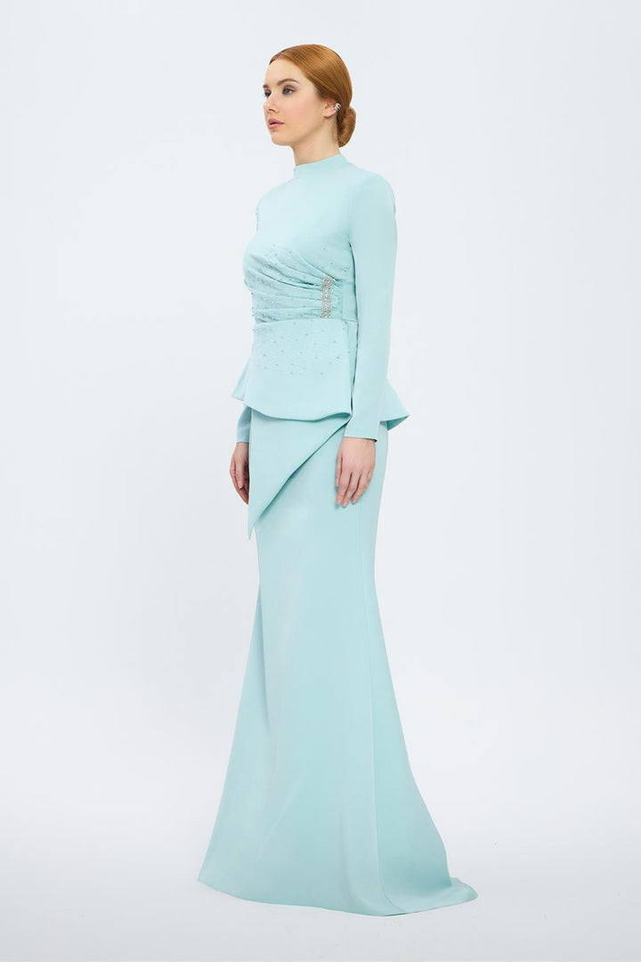 long-sleeve peplum gown with crystal draping – SERENE