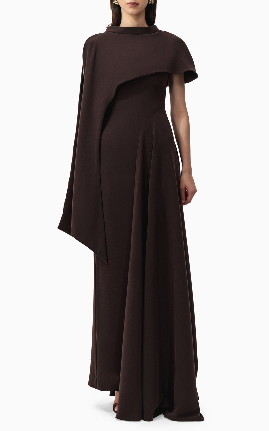 asymmetric draped gown with sculpted shoulder cape – NOIR
