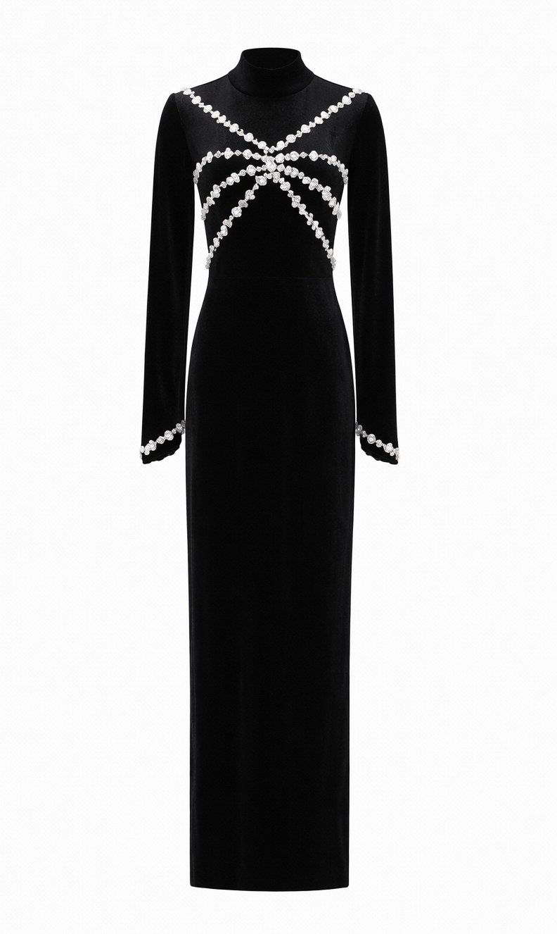 embellished velvet midi dress with crystal motif – NOCTURNE