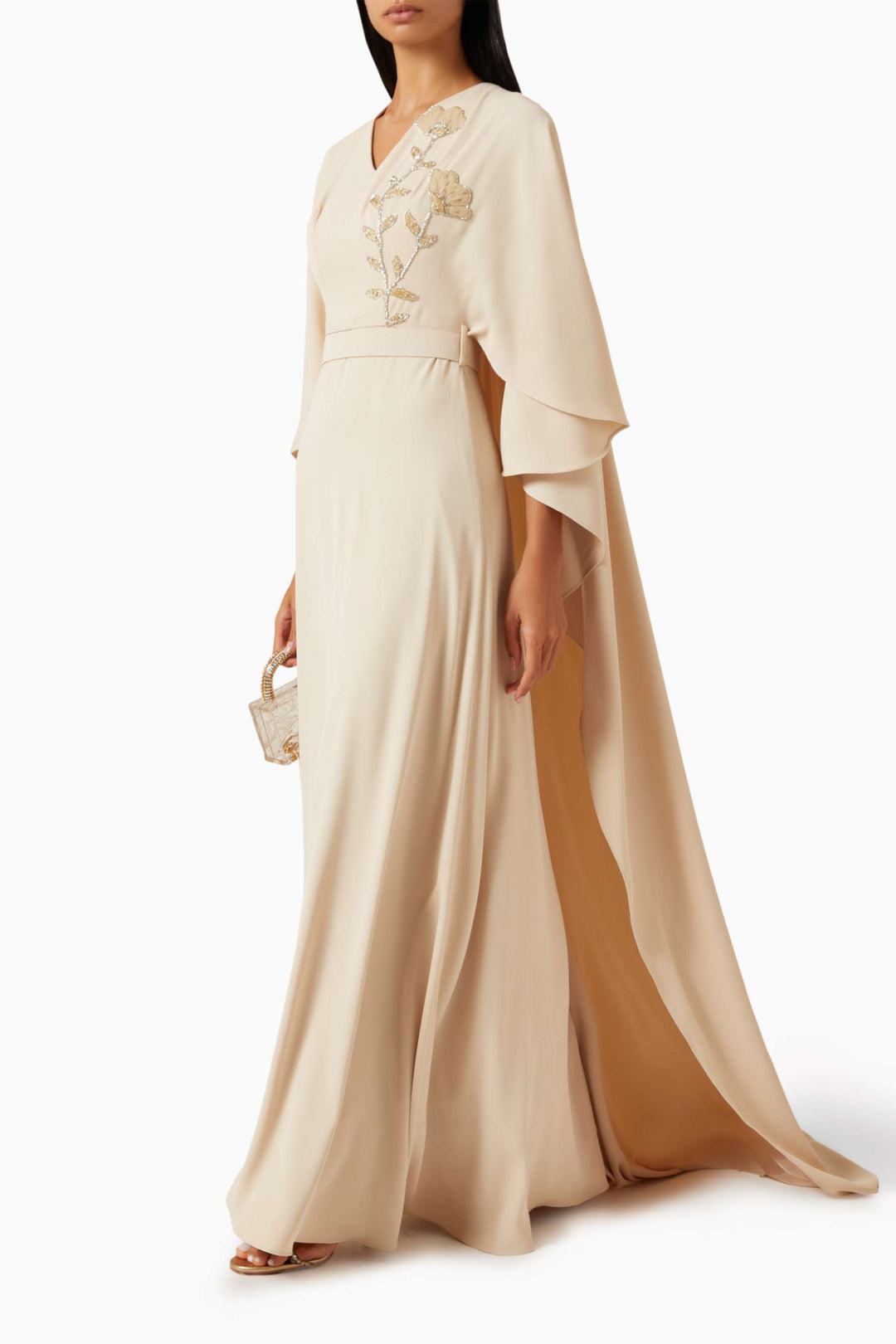 embroidered cape-sleeve gown – SERENITY