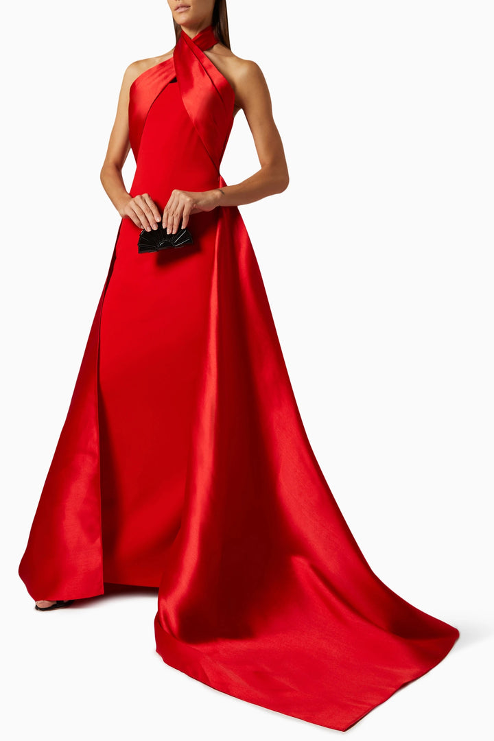 halter-neck satin gown with draped overlay – SCARLET