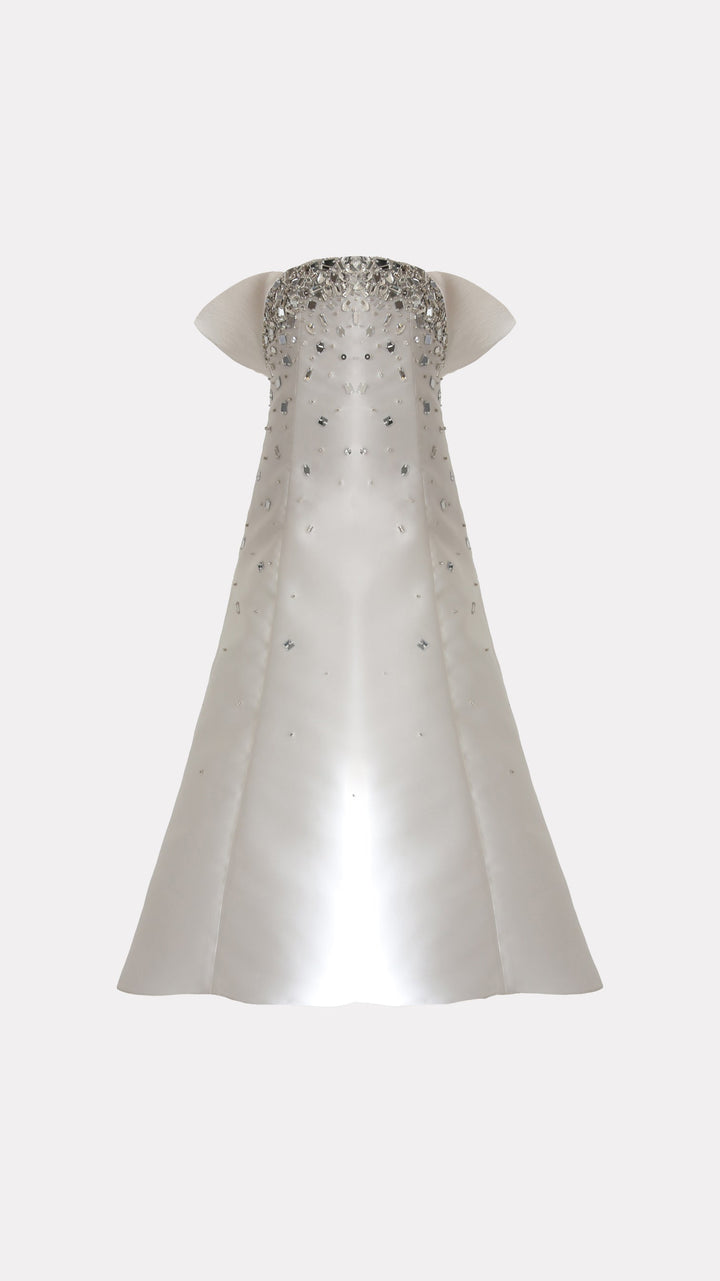 Embellished Strapless Maxi Dress with Mini Cape Sleeves – LUMINA