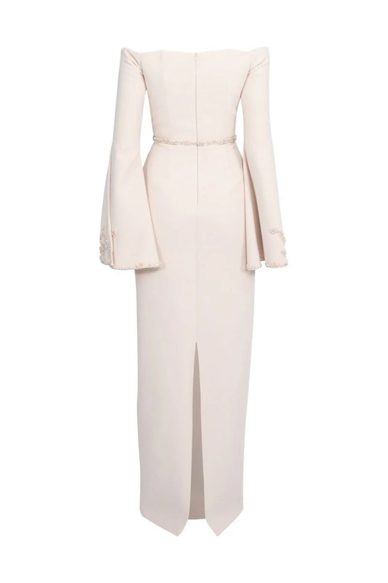 off-shoulder column gown with embroidered flared sleeves – BLUSHE