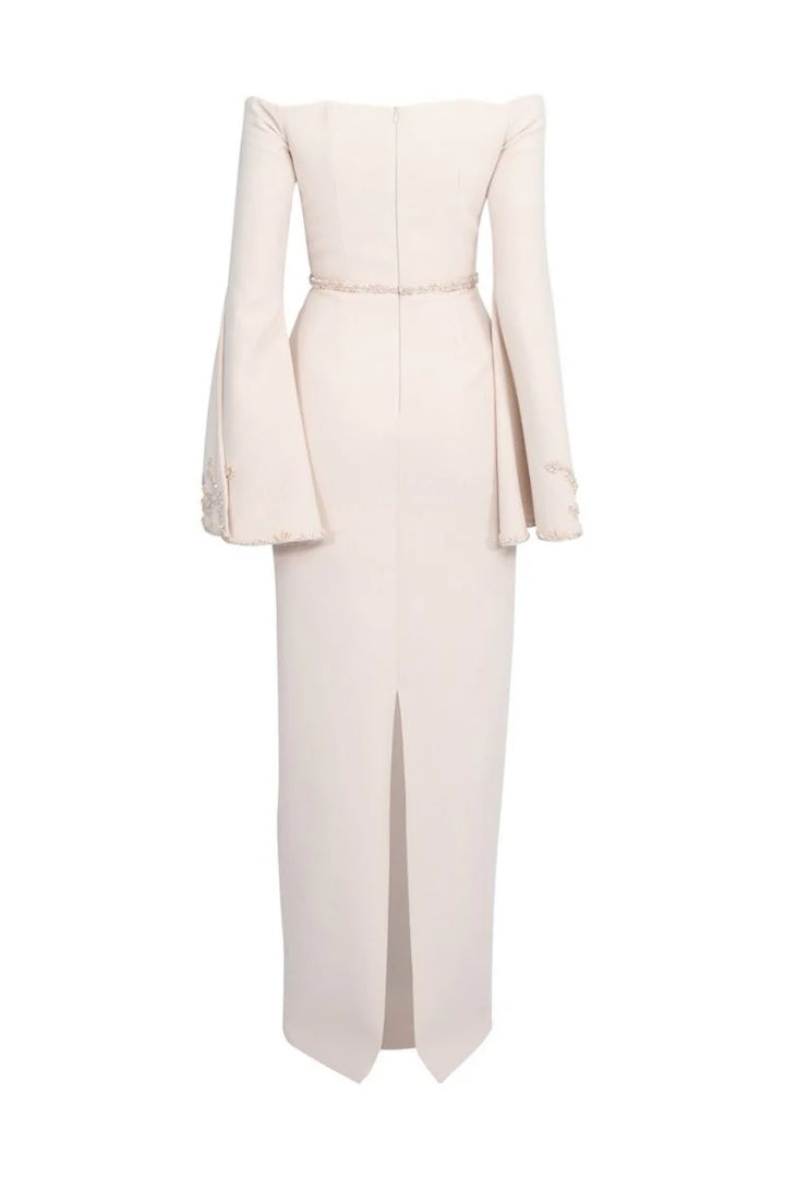 off-shoulder column gown with embroidered flared sleeves – BLUSHE