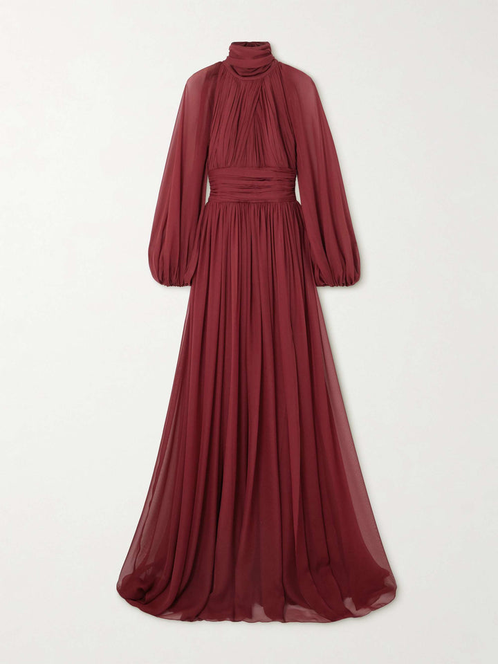 pleated chiffon gown with bishop sleeves – MARQUESA