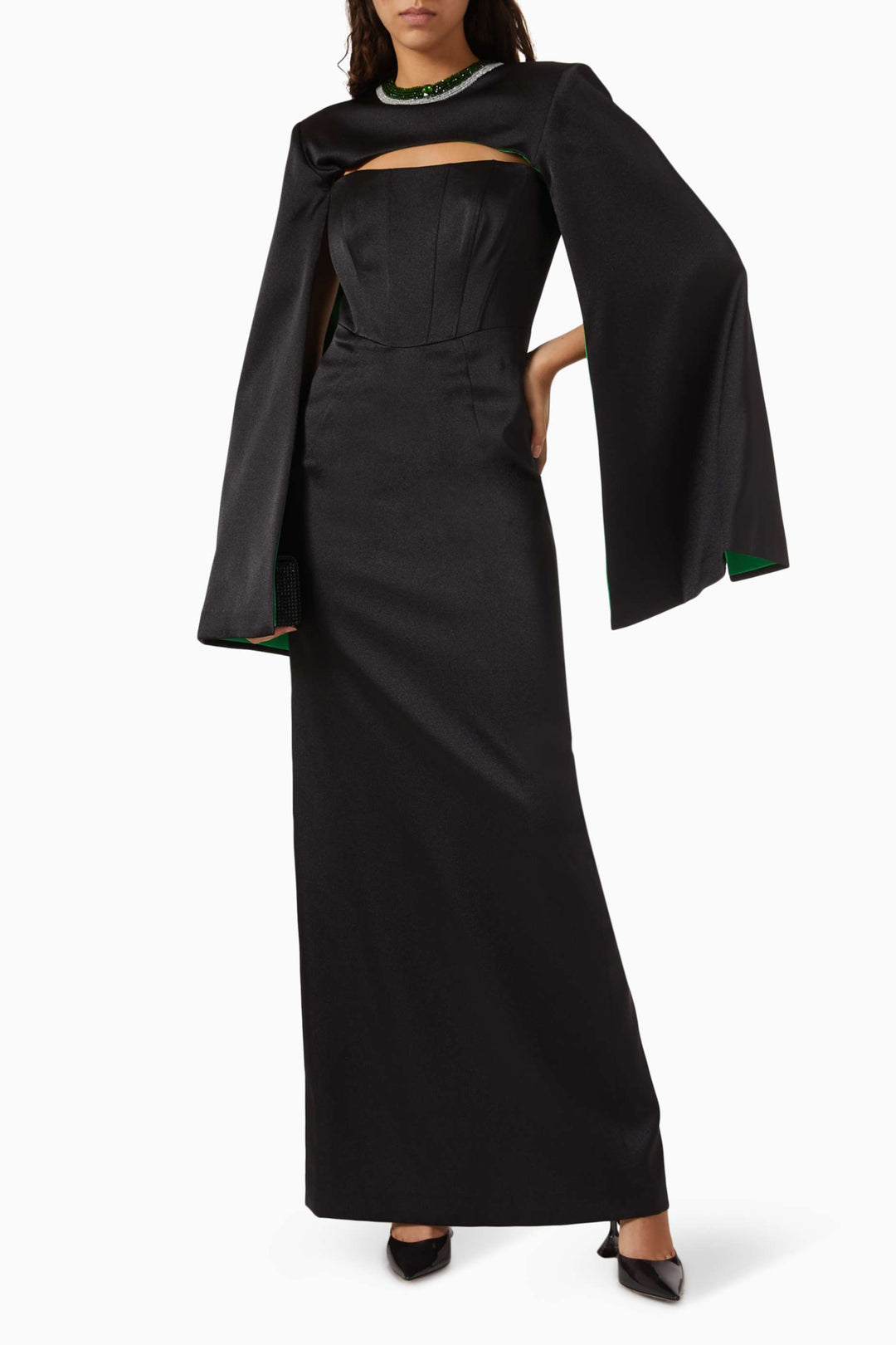 Cape-sleeve gown with cutout neckline – NOIRE