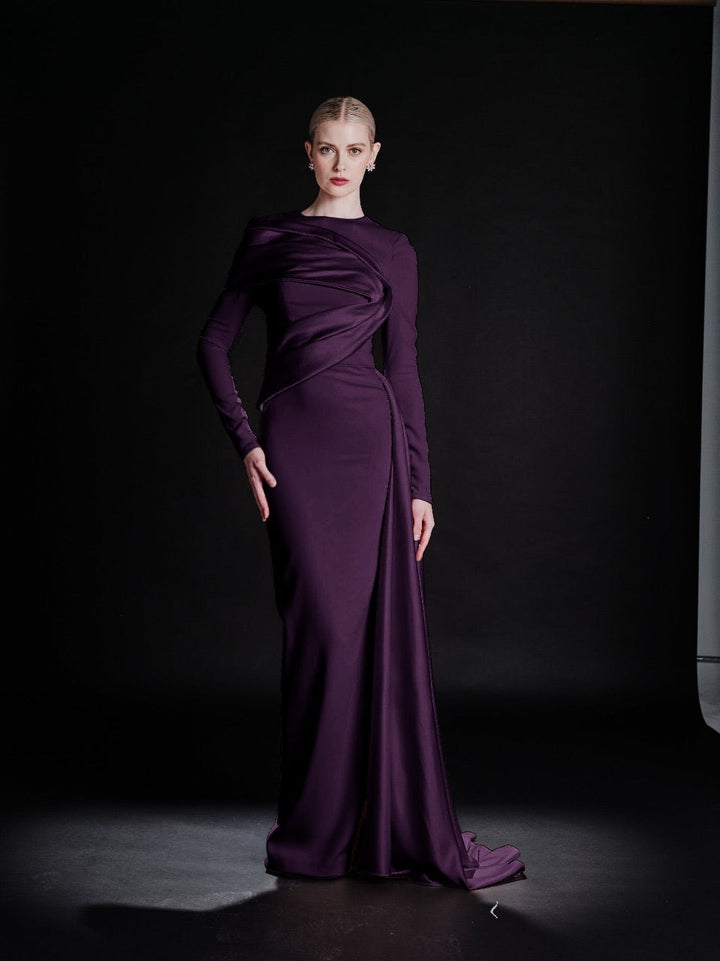 long-sleeve draped column evening gown – RUBINA