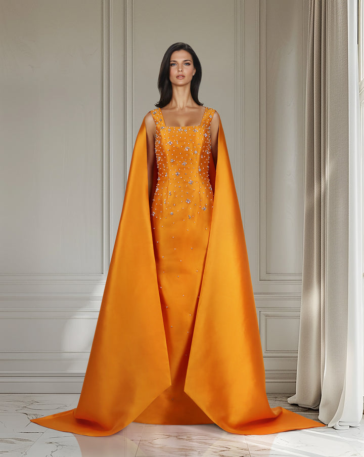 Beaded orange dress with maxi cape  - ALASII