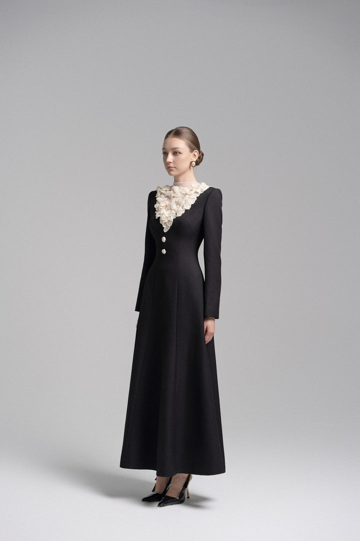 Long-sleeve A-line dress with ruffled lace neckline – VIVIENNE