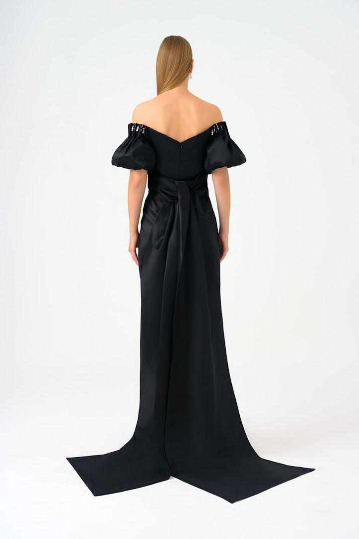 off-shoulder satin gown with puff sleeves – AURELIA