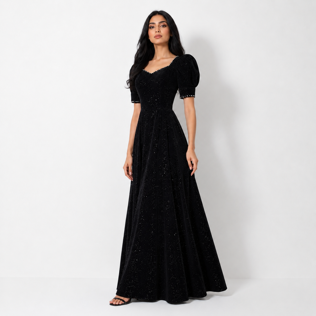 Starlight Puff Sleeve Evening Gown - Midnight