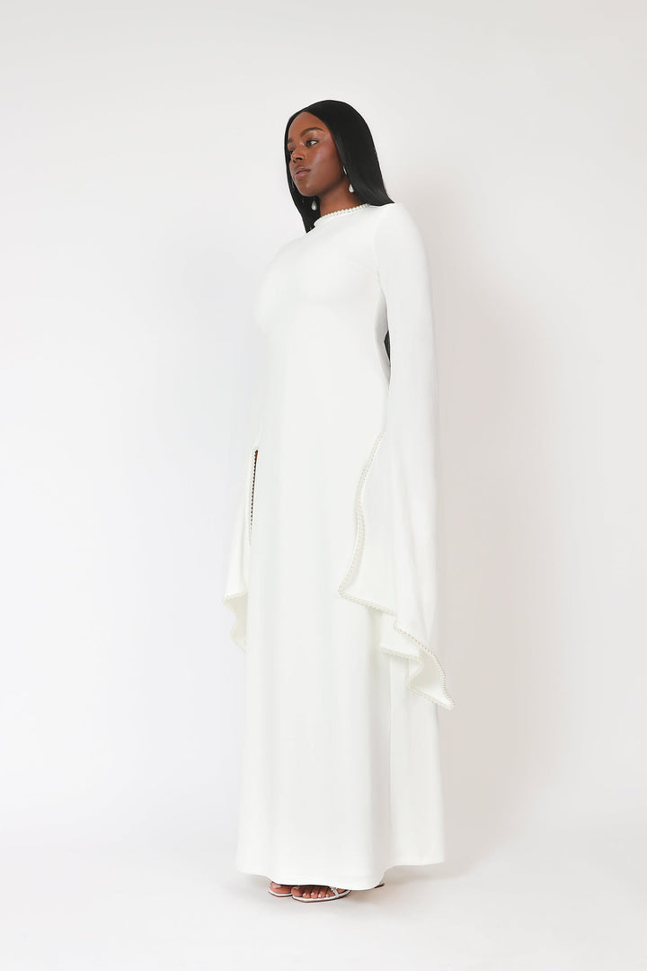 long-sleeve gown with pearl-trimmed flared cuffs – OPHELIA
