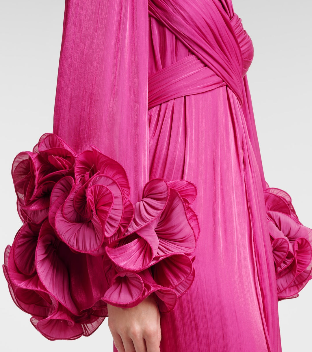 pleated chiffon midi dress with floral cuffs – FUCHSIA
