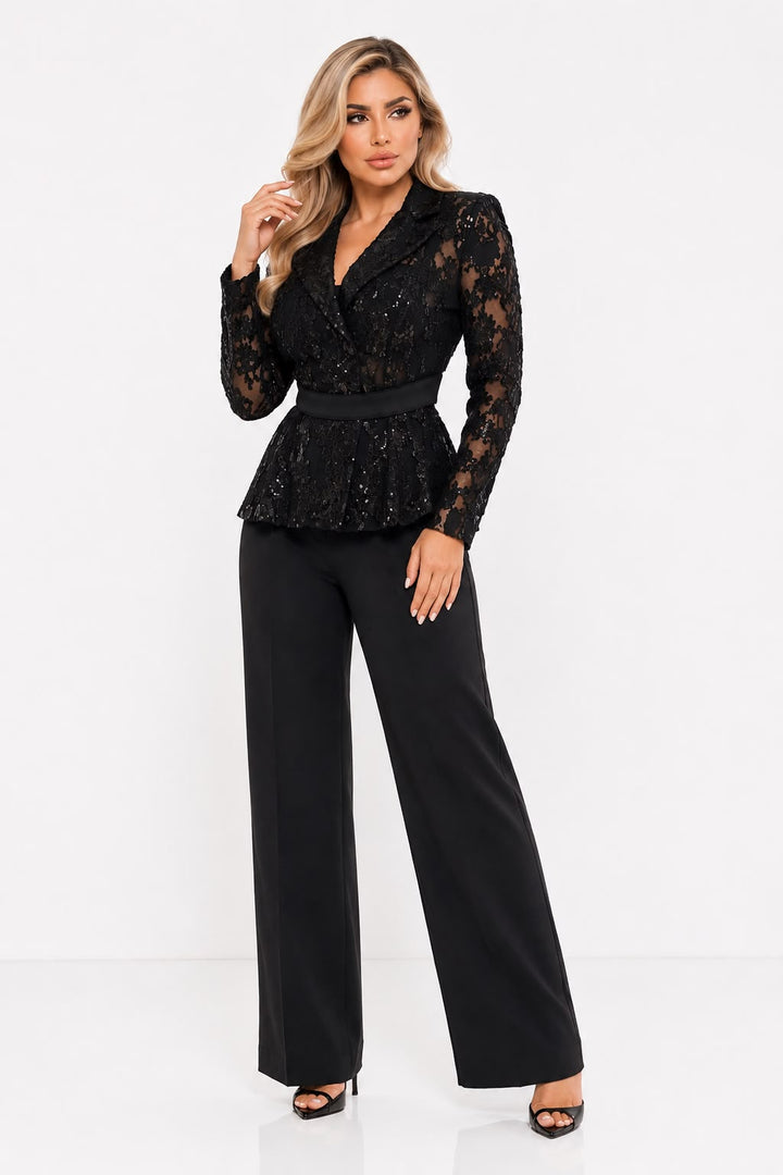 Sequin Lace Blazer & Wide-Leg Pants Set - Noir