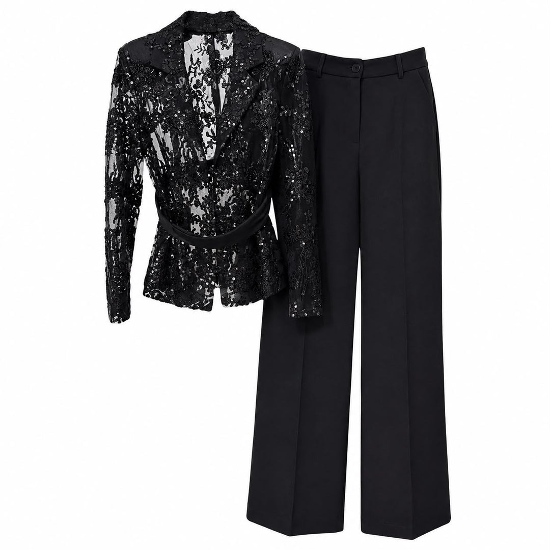 Sequin Lace Blazer & Wide-Leg Pants Set - Noir