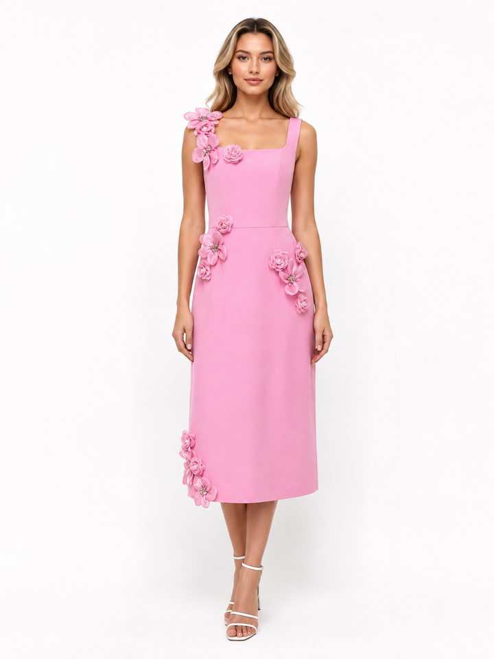 Black Floral-Appliqué Midi Dress – Noir