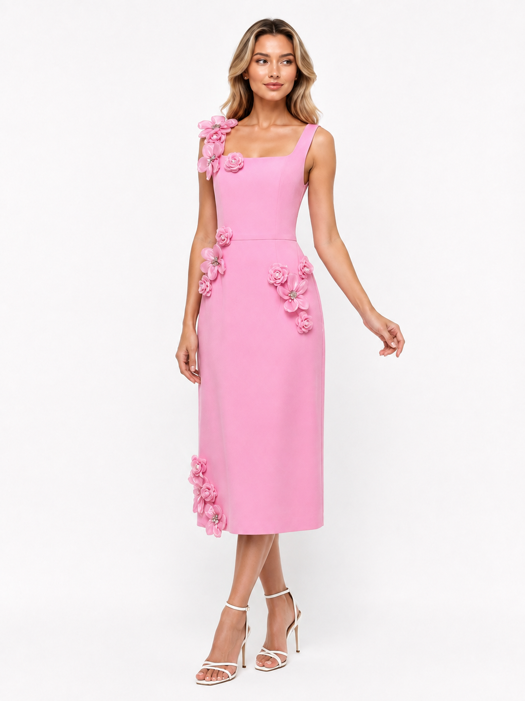 Black Floral-Appliqué Midi Dress – Noir