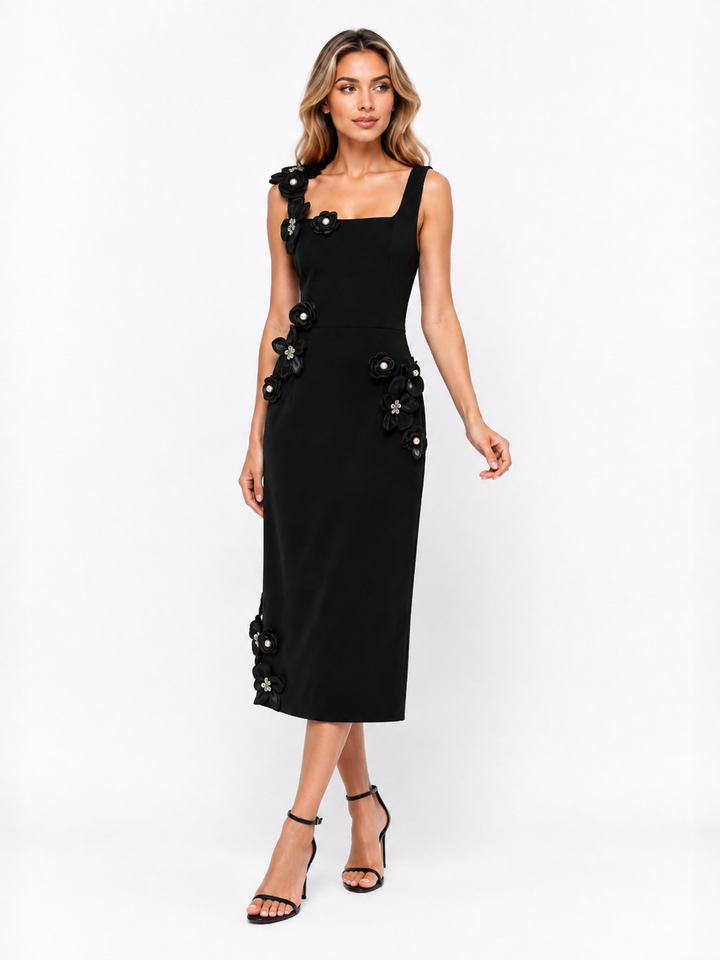 Black Floral-Appliqué Midi Dress – Noir