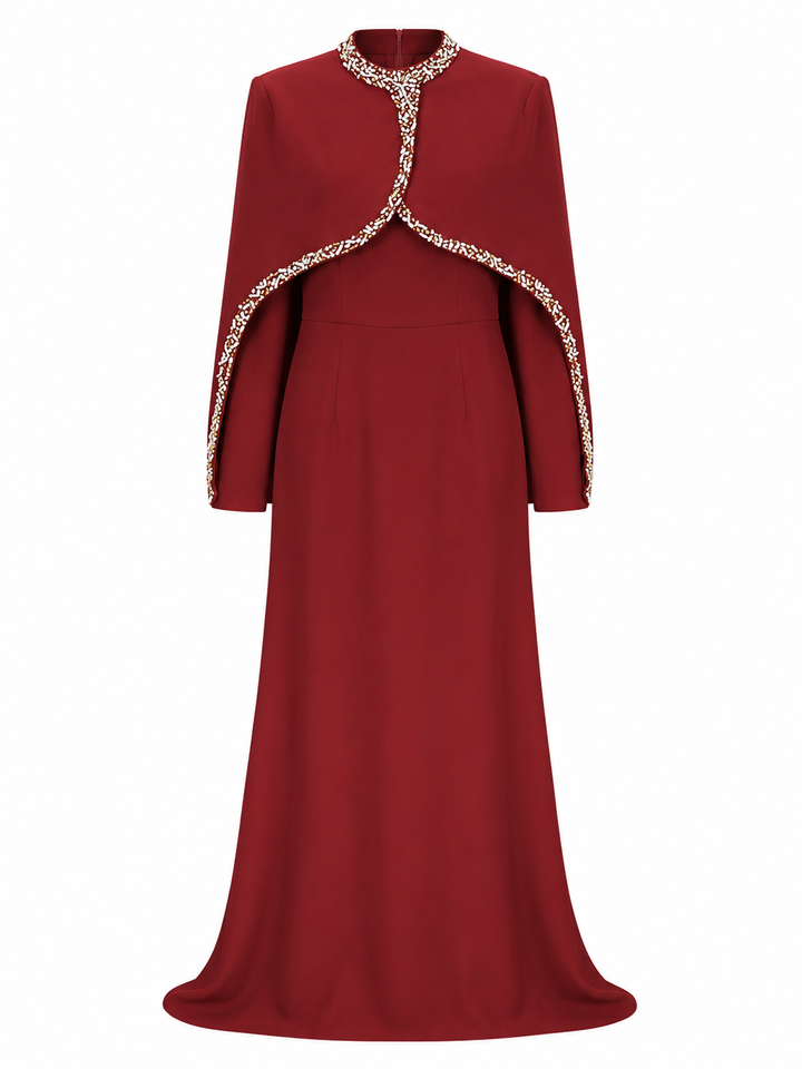 Crystal Cape Maxi Dress - Burgundy