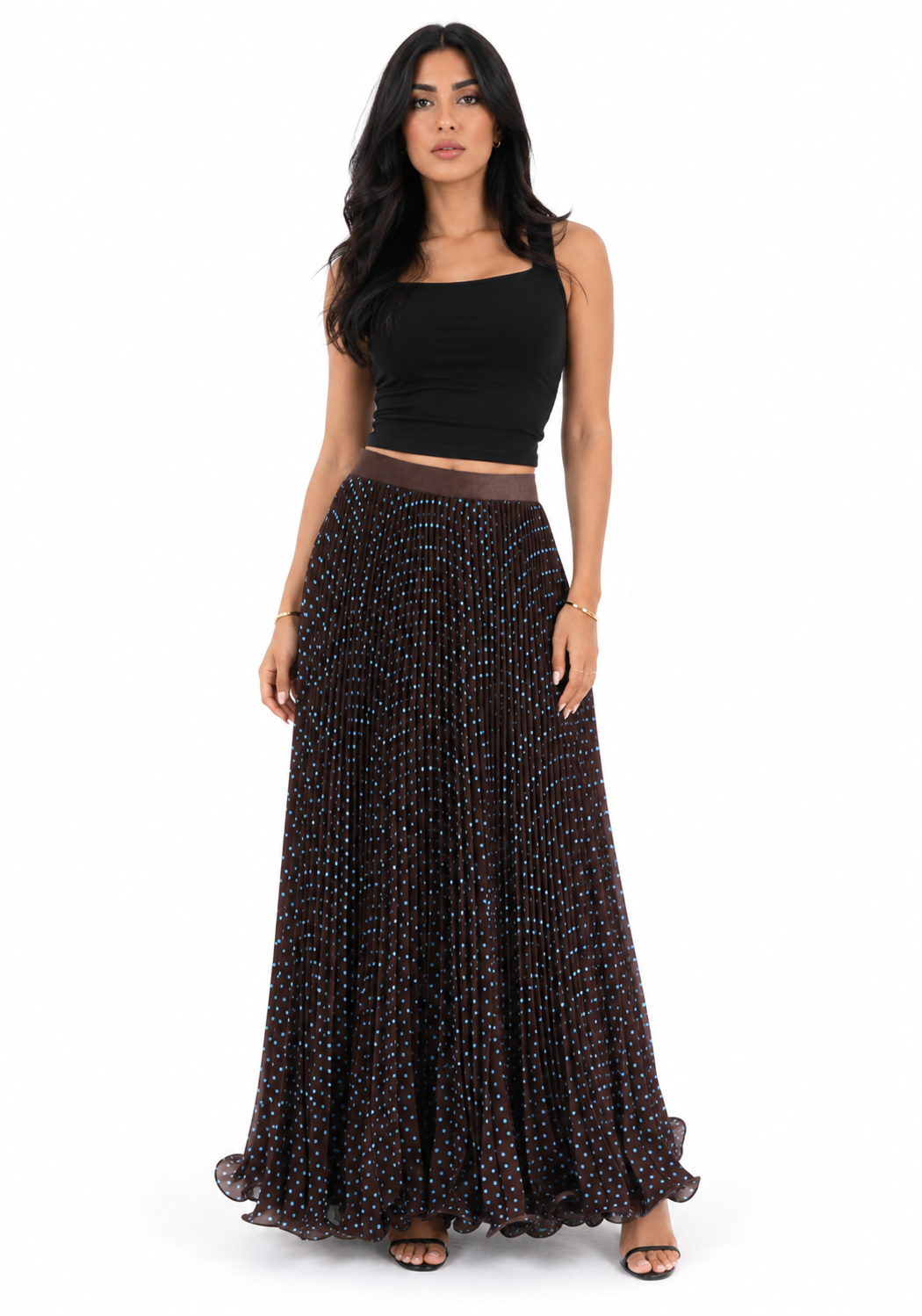Brown Polka Dot Pleated Maxi Skirt – MOCHA