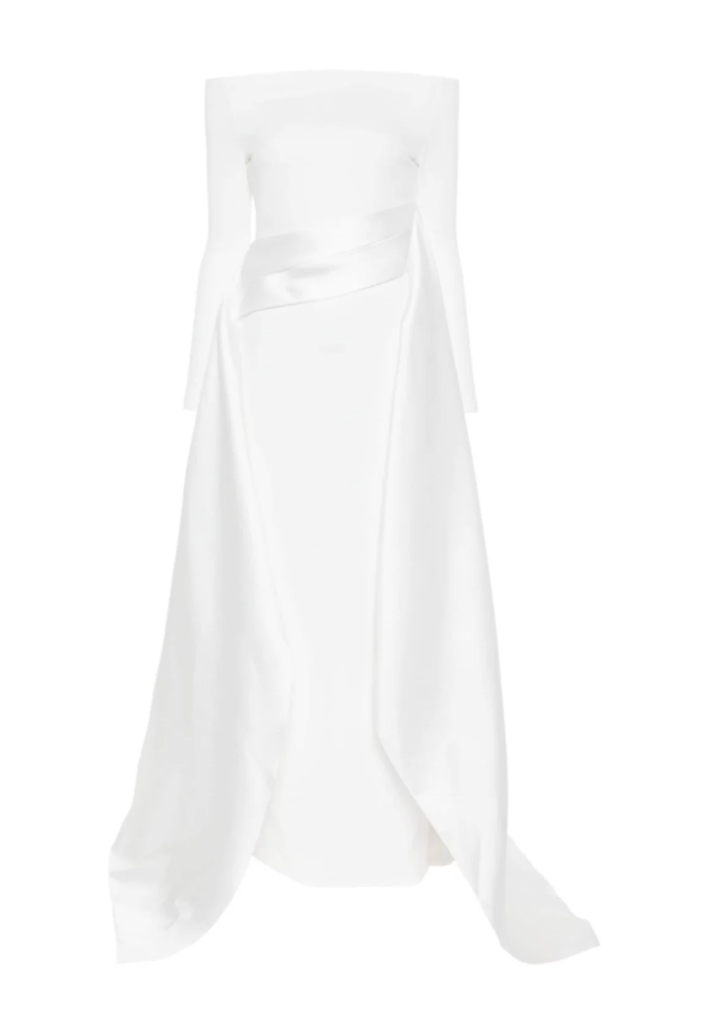 off-shoulder gown with sculpted draped train – Xalee