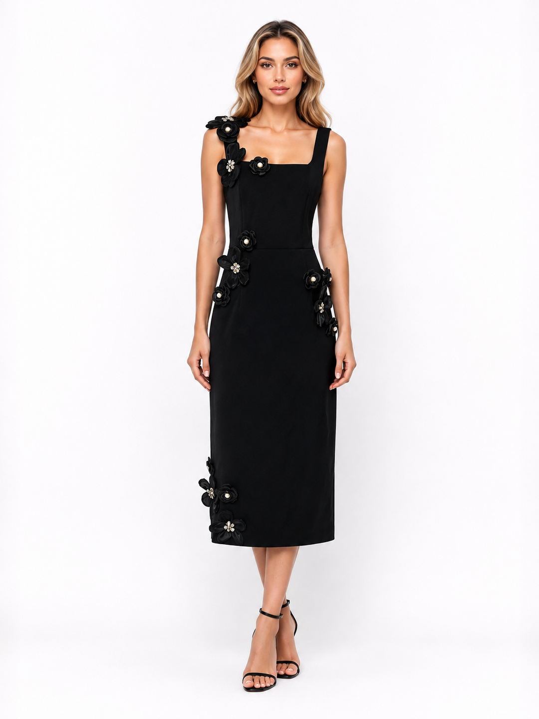 Black Floral-Appliqué Midi Dress – Noir