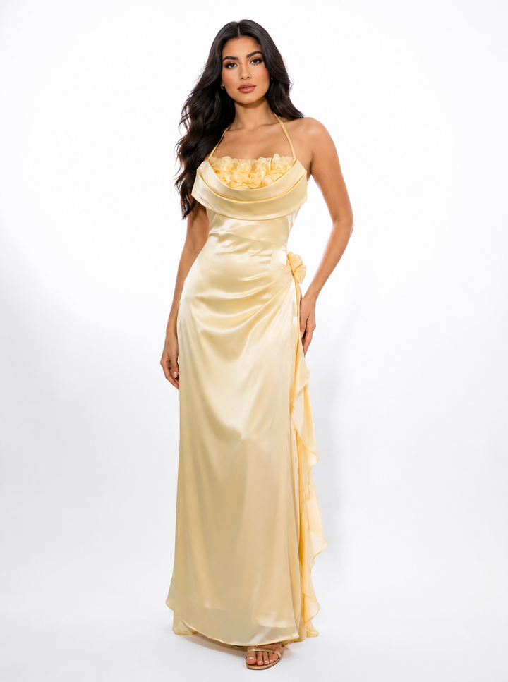 Floral Draped Satin Gown - Buttercream