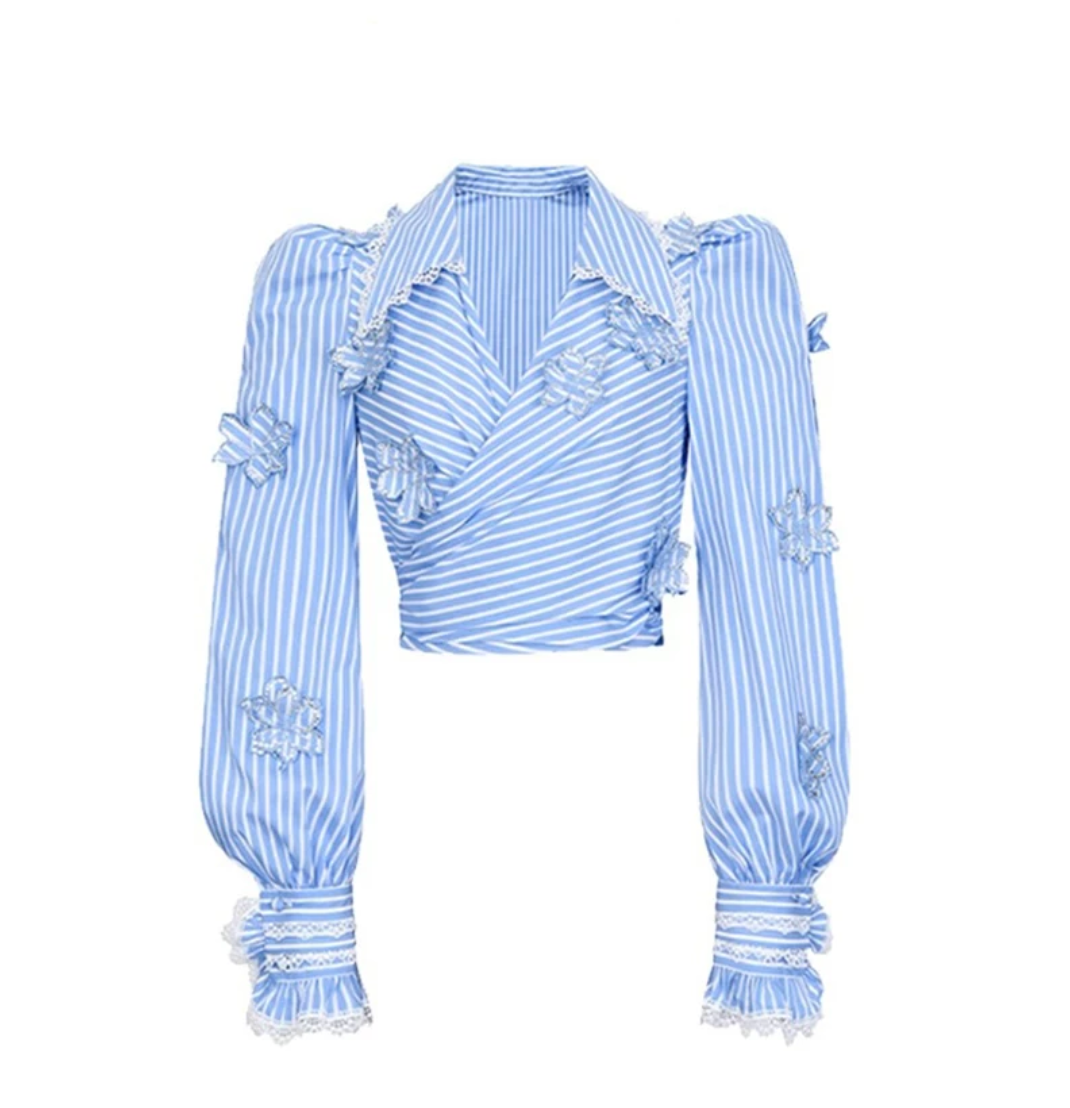 Striped Floral Puff-Sleeve Blouse – Azure