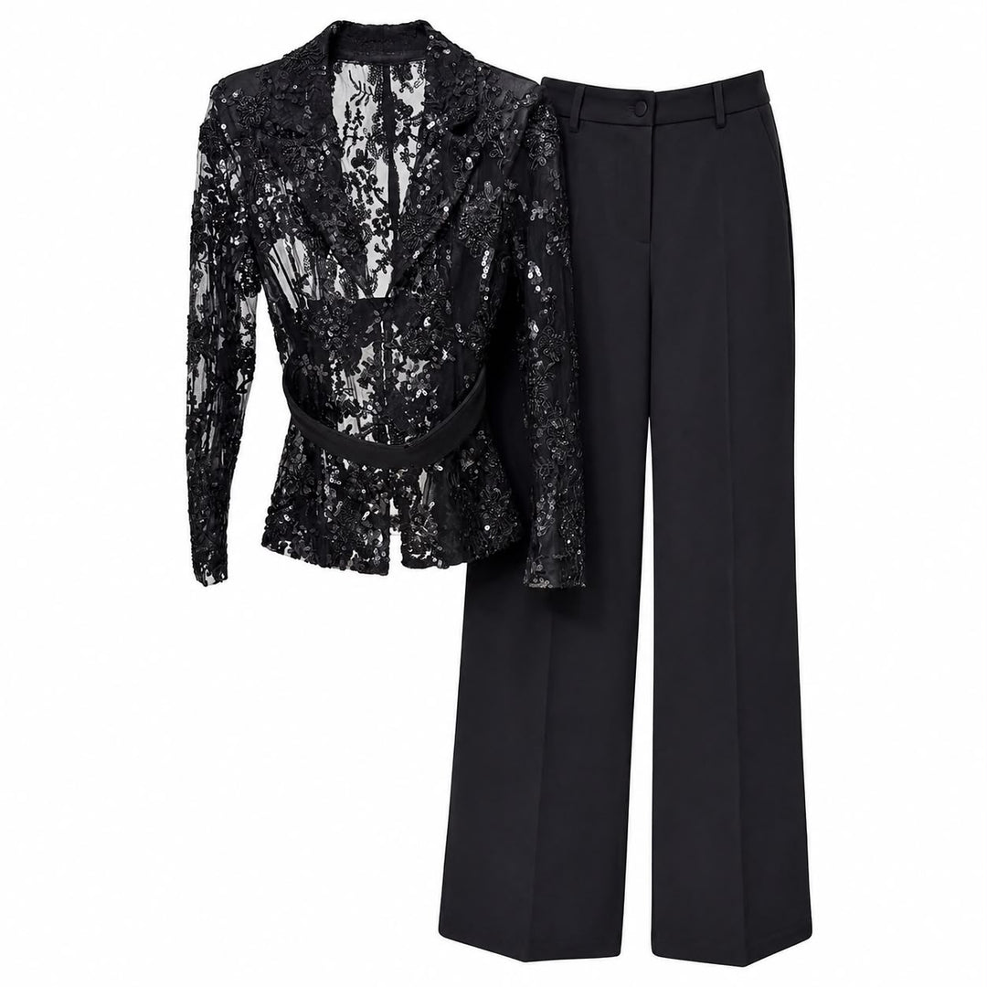 Sequin Lace Blazer & Wide-Leg Pants Set - Noir