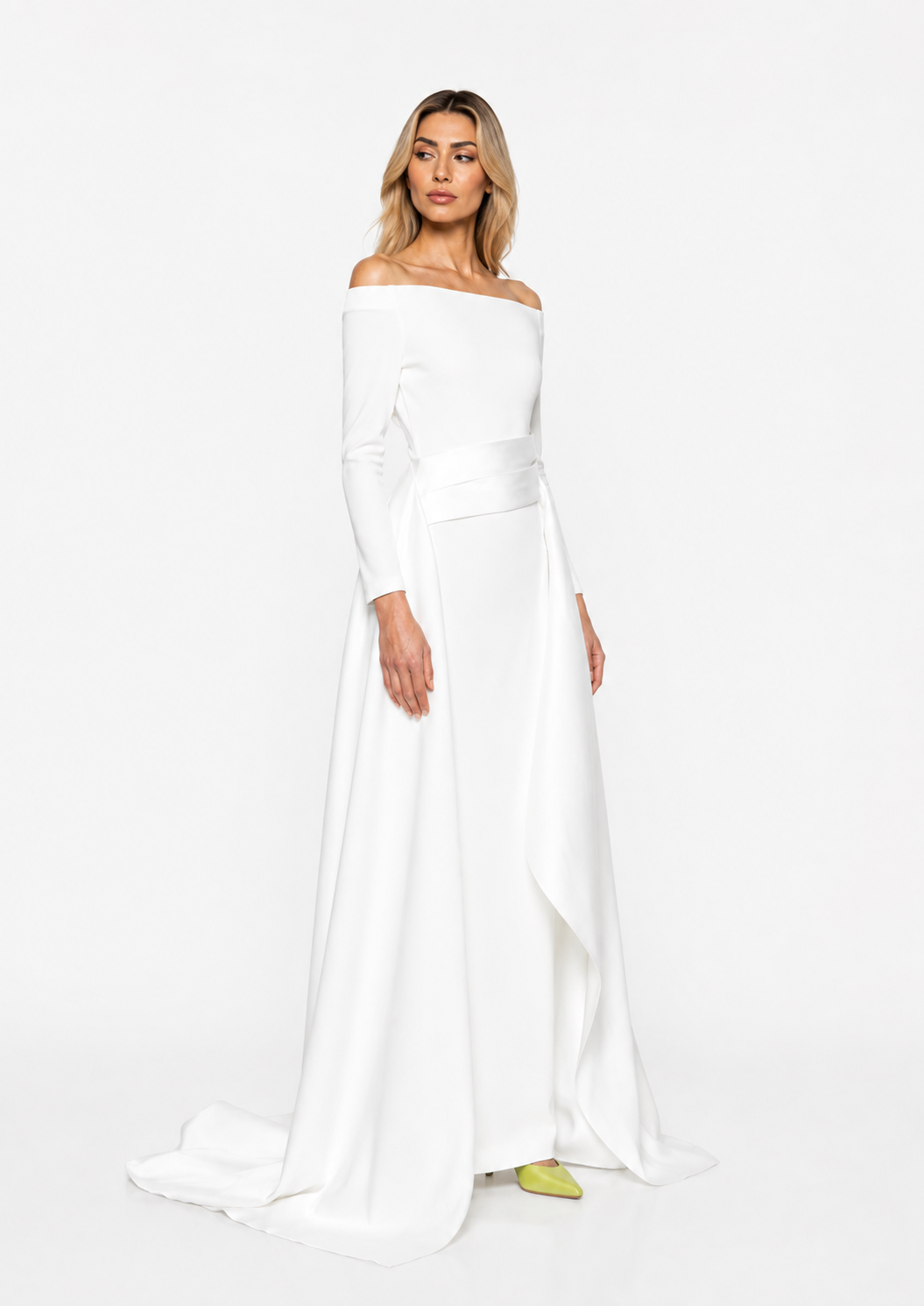 off-shoulder gown with sculpted draped train – Xalee