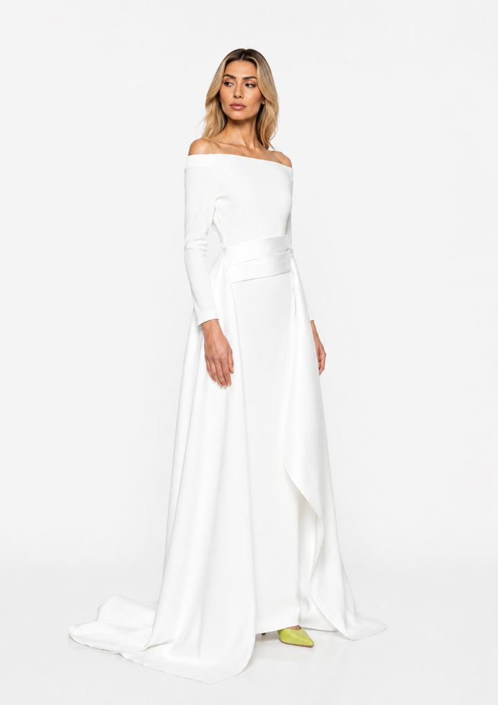 off-shoulder gown with sculpted draped train – Xalee